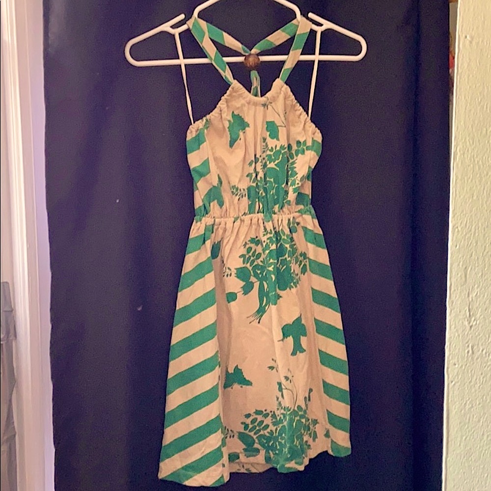 Tan Green Floral Cotton halter style dress